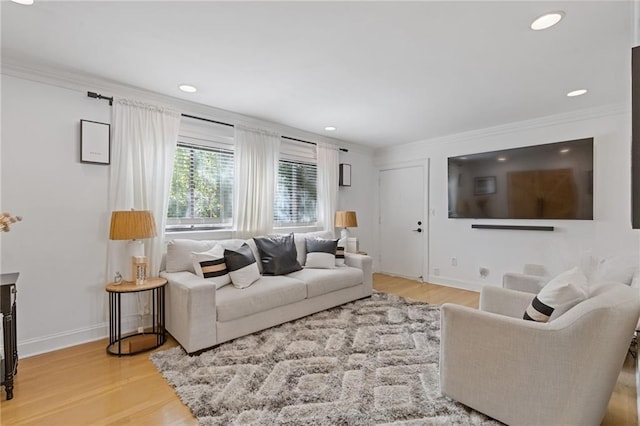 10 26th St NW Unit A2, Atlanta, GA 30309 - living room featuring baseboards, crown molding, light wood finished floors, and recessed lighting
