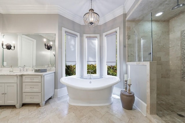 9675 Almaviva Dr, Alpharetta, GA 30022 - bathroom with walk in shower, ornamental molding, a chandelier, a freestanding tub, and vanity