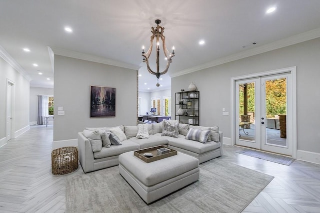 9675 Almaviva Dr, Alpharetta, GA 30022 - living room featuring baseboards, a chandelier, recessed lighting, french doors, and crown molding