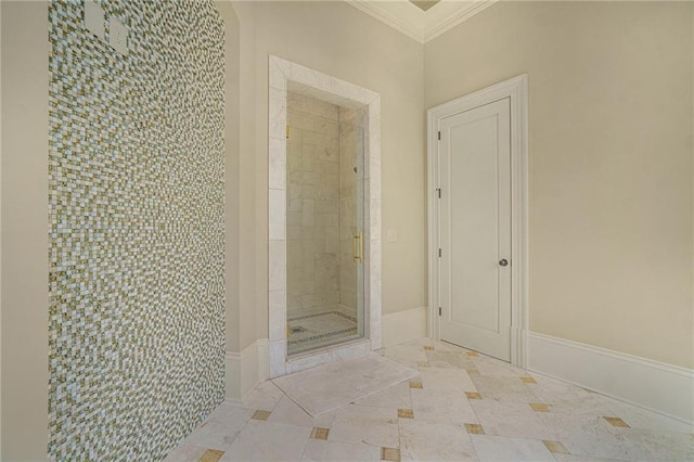 corridor featuring light tile floors and ornamental molding