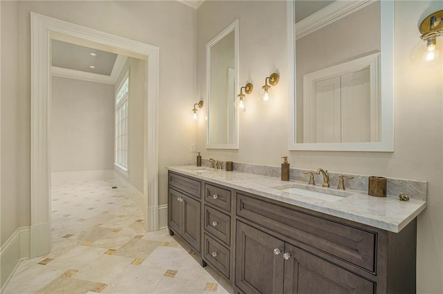 bathroom with tile floors, double vanity, and ornamental molding