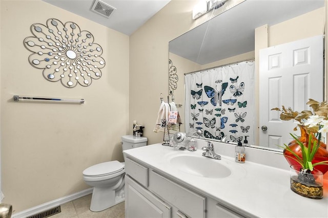 3485 Palisade Lake Dr, Duluth, GA 30096 - full bathroom with toilet, vanity, tile patterned floors, baseboards, and a shower with shower curtain