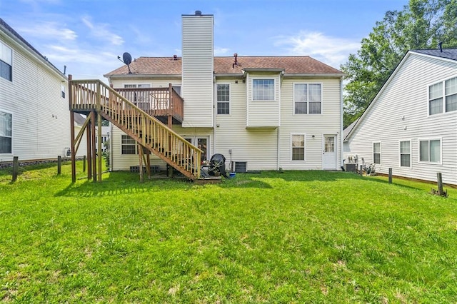 3485 Palisade Lake Dr, Duluth, GA 30096 - back of house with a wooden deck, stairs, a chimney, and central AC