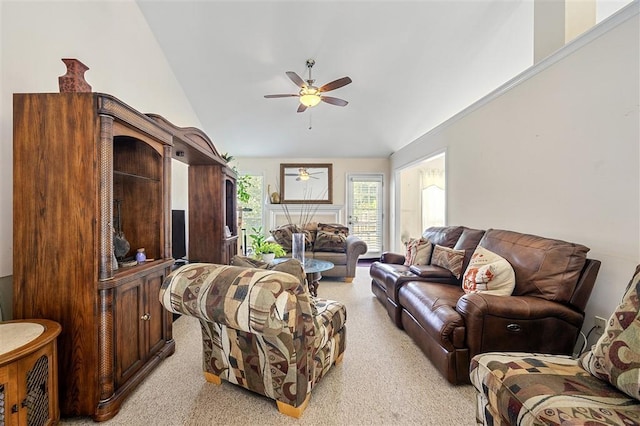 3485 Palisade Lake Dr, Duluth, GA 30096 - living room with light colored carpet, a ceiling fan, and lofted ceiling