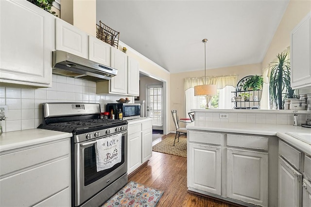 3485 Palisade Lake Dr, Duluth, GA 30096 - kitchen with stainless steel appliances, under cabinet range hood, decorative backsplash, light countertops, and dark wood-style floors