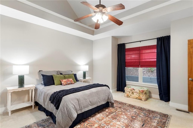 carpeted bedroom featuring ceiling fan