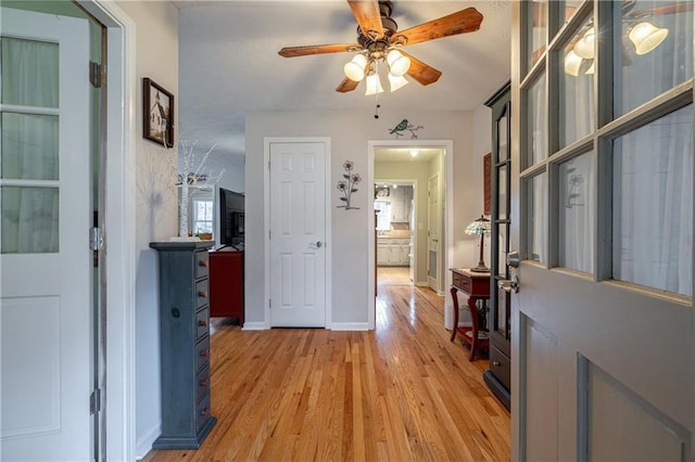 entrance foyer with ceiling fan and light hardwood / wood-style flooring