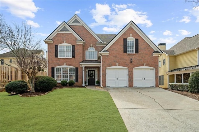 view of front of house featuring concrete driveway, an attached garage, fence, a front lawn, and brick siding