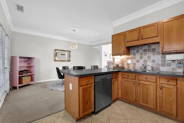 kitchen with dishwasher, sink, ornamental molding, light colored carpet, and kitchen peninsula