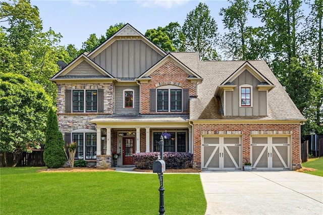 1725 Lynwood Pl, Alpharetta, GA 30004 - craftsman-style home featuring board and batten siding, concrete driveway, brick siding, a shingled roof, and a porch