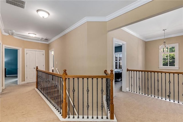 1725 Lynwood Pl, Alpharetta, GA 30004 - hall with attic access, carpet, ornamental molding, and an upstairs landing