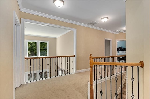1725 Lynwood Pl, Alpharetta, GA 30004 - hall featuring carpet, ornamental molding, baseboards, and an upstairs landing