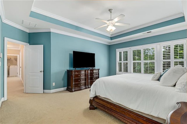 1725 Lynwood Pl, Alpharetta, GA 30004 - carpeted bedroom featuring a raised ceiling, baseboards, ornamental molding, and a ceiling fan