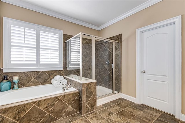 1725 Lynwood Pl, Alpharetta, GA 30004 - full bathroom with a bath, a stall shower, crown molding, and baseboards
