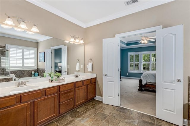 1725 Lynwood Pl, Alpharetta, GA 30004 - ensuite bathroom featuring ornamental molding, double vanity, a ceiling fan, a shower, and baseboards