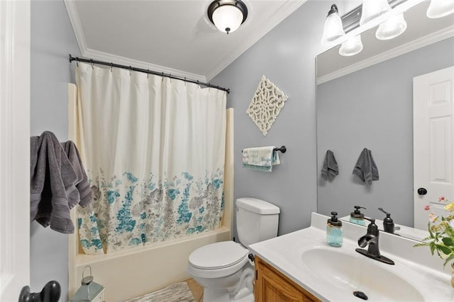 bathroom featuring ornamental molding, shower / tub combo with curtain, vanity, and toilet