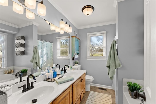 full bath featuring double vanity, a sink, and crown molding