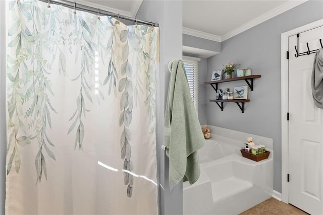 bathroom featuring a shower with curtain, ornamental molding, and a bath