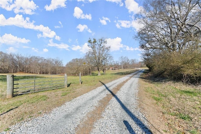 view of road with a gate and a rural view