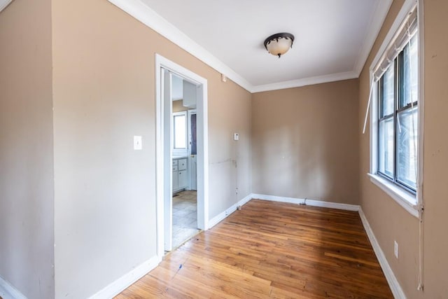 empty room featuring ornamental molding and hardwood / wood-style floors