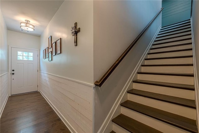 3291 Wild Basil Ln, Buford, GA 30519 - entryway featuring wainscoting, stairs, wood finished floors, and wood walls