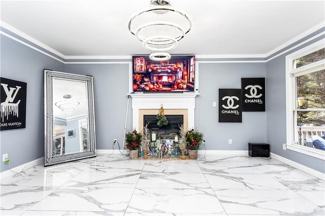 living room featuring an inviting chandelier and ornamental molding