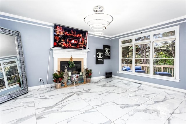 unfurnished living room with ornamental molding