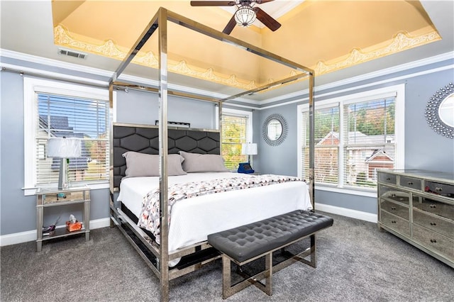 carpeted bedroom featuring crown molding