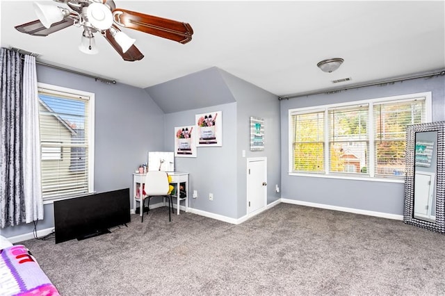 playroom with vaulted ceiling, ceiling fan, and carpet flooring