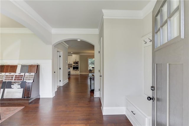 hall featuring dark wood-type flooring and ornamental molding