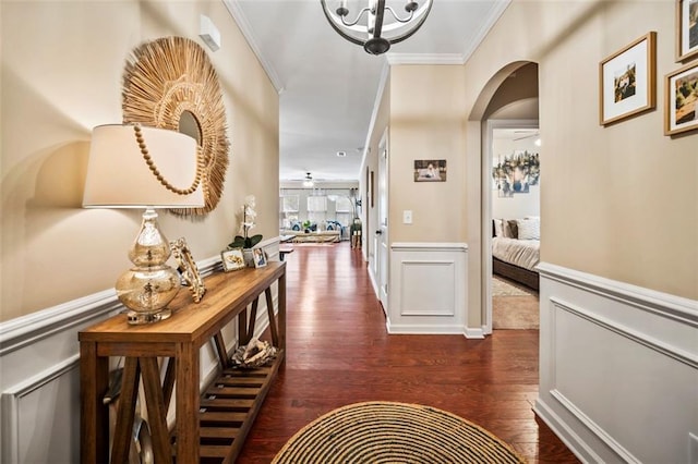 hallway featuring dark wood-type flooring and crown molding