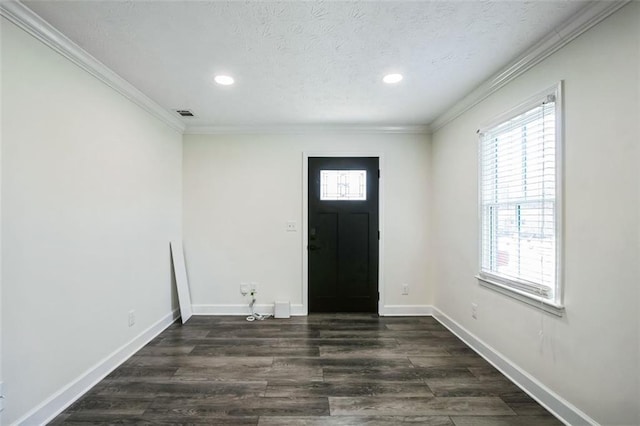 700 Hill Meadow Dr, Dacula, GA 30019 - entrance foyer with crown molding, baseboards, dark wood finished floors, recessed lighting, and a textured ceiling