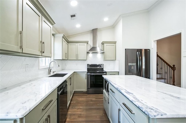 700 Hill Meadow Dr, Dacula, GA 30019 - kitchen with crown molding, wall chimney range hood, dark wood finished floors, appliances with stainless steel finishes, and a sink