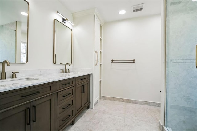 700 Hill Meadow Dr, Dacula, GA 30019 - bathroom with a shower stall, double vanity, visible vents, and a sink