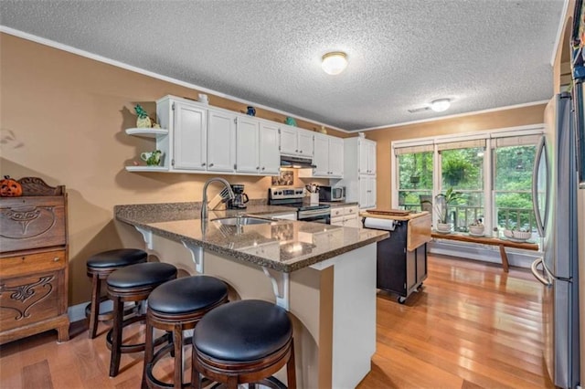 1526 Oakleaf Dr, Auburn, GA 30011 - kitchen with appliances with stainless steel finishes, a sink, under cabinet range hood, crown molding, and a peninsula