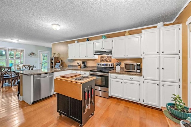 1526 Oakleaf Dr, Auburn, GA 30011 - kitchen featuring appliances with stainless steel finishes, under cabinet range hood, a peninsula, white cabinetry, and a textured ceiling