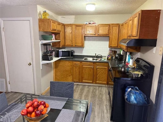 kitchen featuring sink, a textured ceiling, black range with electric stovetop, light hardwood / wood-style floors, and backsplash