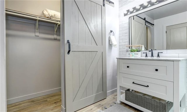 bathroom with vanity and hardwood / wood-style floors