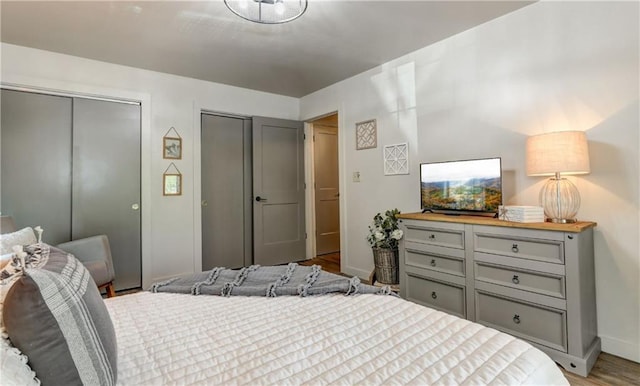 bedroom featuring multiple closets and light hardwood / wood-style floors