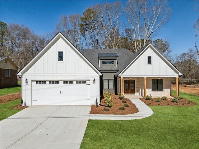 modern inspired farmhouse featuring an attached garage, board and batten siding, and concrete driveway