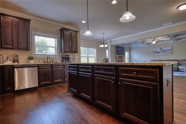 200 Baumgard, Locust Grove, GA 30248 - kitchen featuring dishwasher, open floor plan, dark brown cabinetry, dark wood-type flooring, and ornamental molding