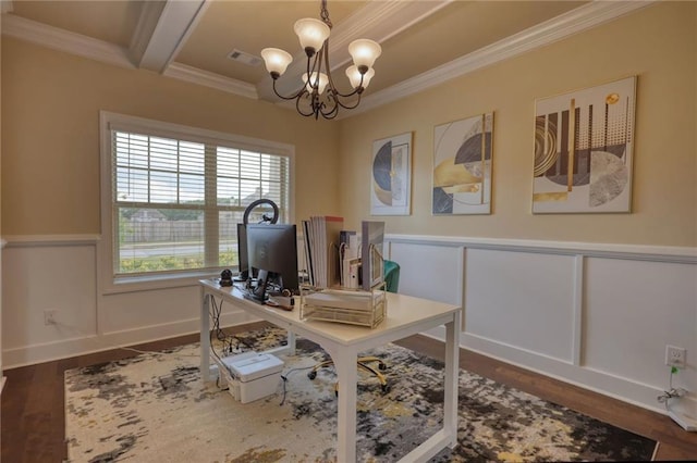 200 Baumgard, Locust Grove, GA 30248 - office featuring a chandelier, ornamental molding, wood finished floors, a wainscoted wall, and a decorative wall