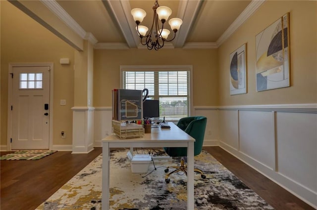 200 Baumgard, Locust Grove, GA 30248 - home office featuring a chandelier, dark wood finished floors, beam ceiling, a wainscoted wall, and ornamental molding