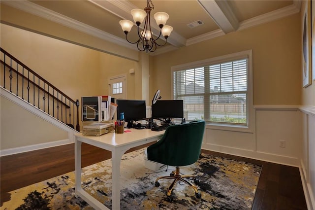 200 Baumgard, Locust Grove, GA 30248 - office area with wood finished floors, a chandelier, crown molding, wainscoting, and beamed ceiling