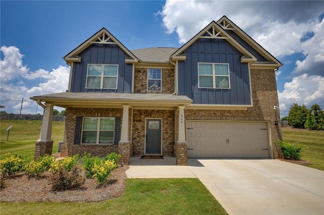 200 Baumgard, Locust Grove, GA 30248 - craftsman-style house featuring board and batten siding, a front lawn, a garage, concrete driveway, and a porch