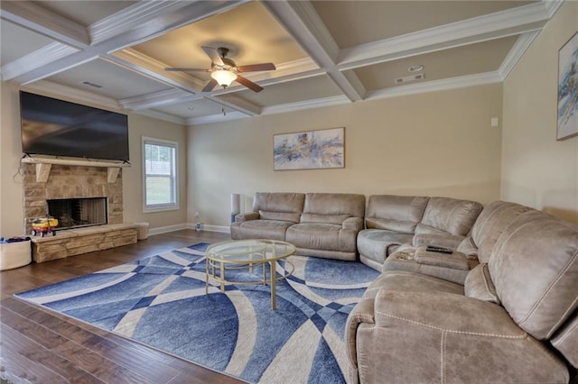 200 Baumgard, Locust Grove, GA 30248 - living area with wood finished floors, coffered ceiling, ceiling fan, beamed ceiling, and crown molding