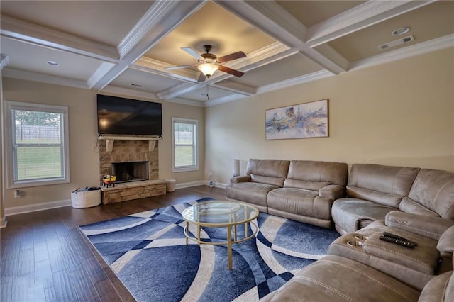 200 Baumgard, Locust Grove, GA 30248 - living area featuring hardwood / wood-style floors, a ceiling fan, beam ceiling, coffered ceiling, and a fireplace