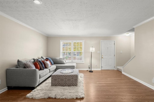 living room featuring hardwood / wood-style floors, a textured ceiling, and crown molding