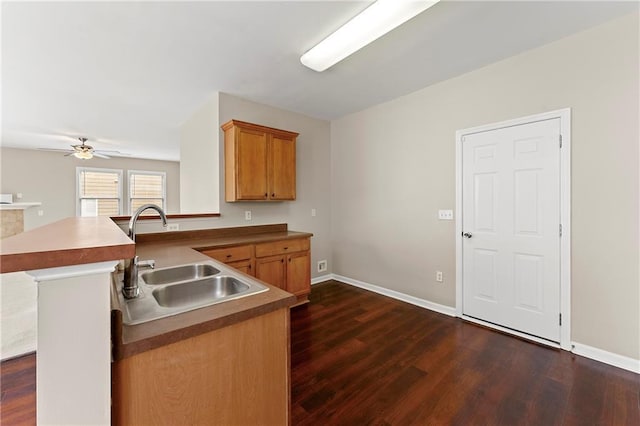 kitchen featuring ceiling fan, sink, dark hardwood / wood-style floors, and kitchen peninsula