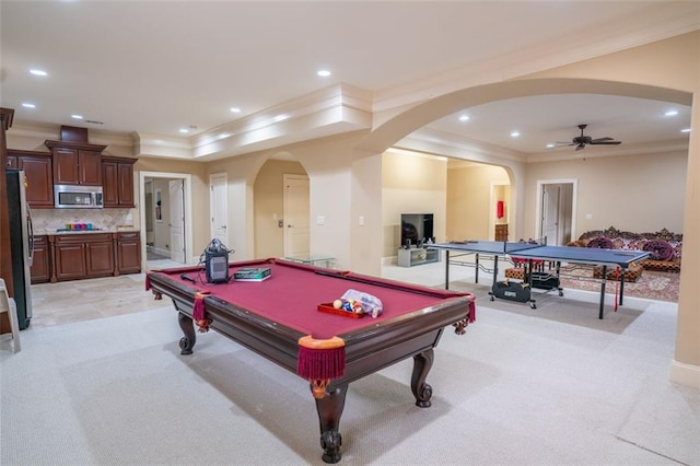 rec room with ceiling fan, crown molding, light carpet, and pool table